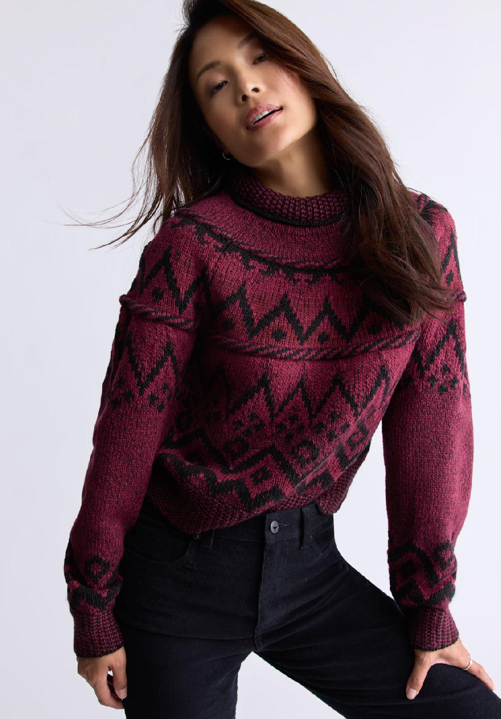 Buffalo David Bitton Pull En Maille Jacquard Lesina Pour Femmes Rouge Et Noir - SW0088F