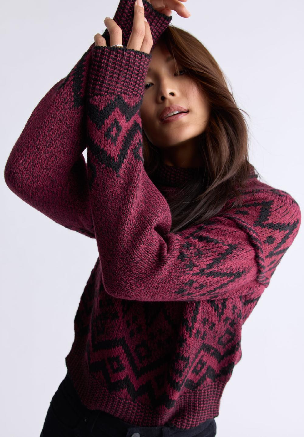 Buffalo David Bitton Pull En Maille Jacquard Lesina Pour Femmes Rouge Et Noir - SW0088F