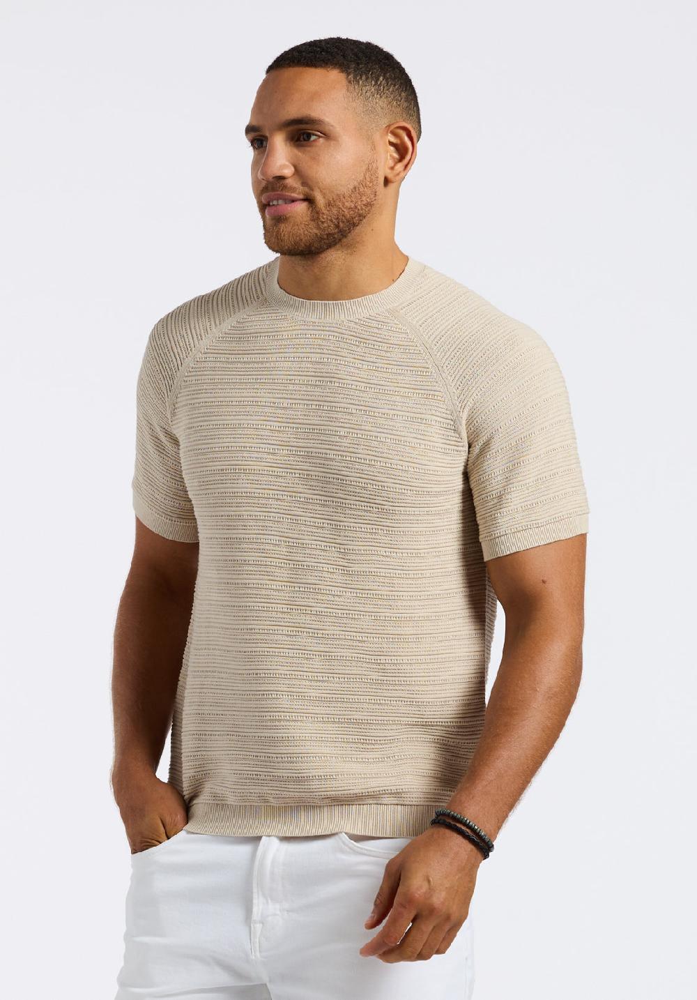 Buffalo David Bitton Pull En Maille Texturée à Manches Courtes Pour Homme Wipped Beige Crème