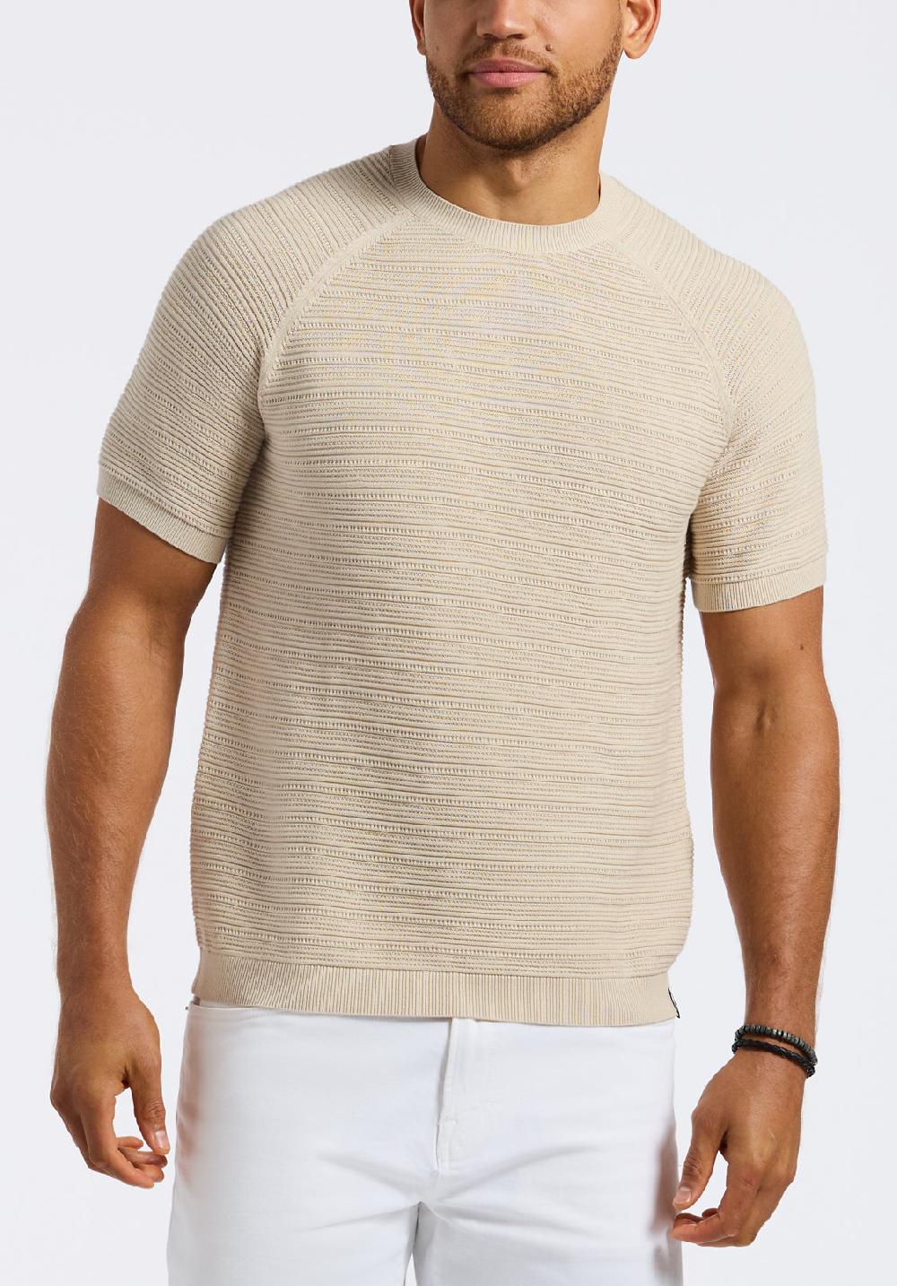 buffalo david bitton Pull en maille texturée à manches courtes pour homme Wipped Beige crème