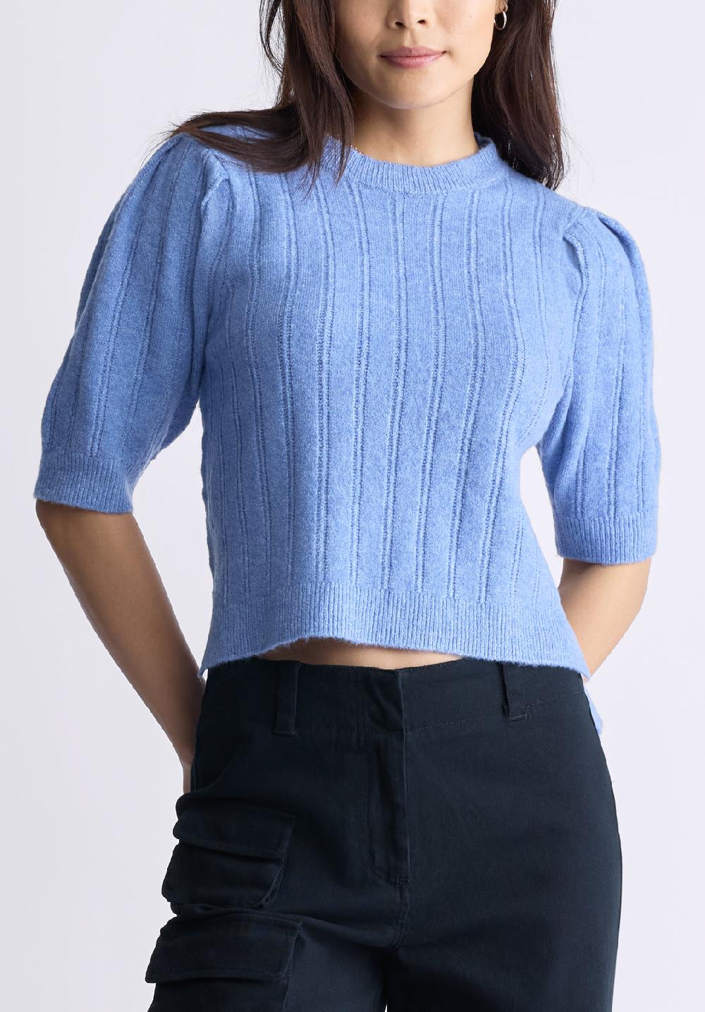 buffalo david bitton Pull en tricot pointelle à manches bouffantes pour femme Jaxie de cou