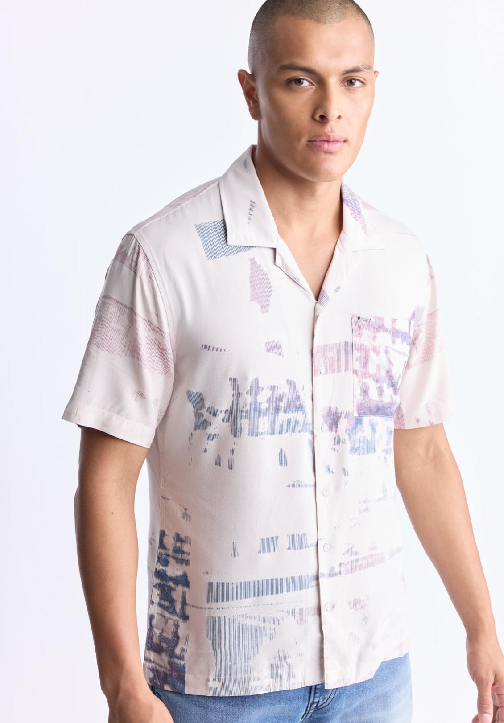 Buffalo David Bitton Sabob Men's Abstract Print Short-Sleeve Button-Up Shirt Moonbeam Beige