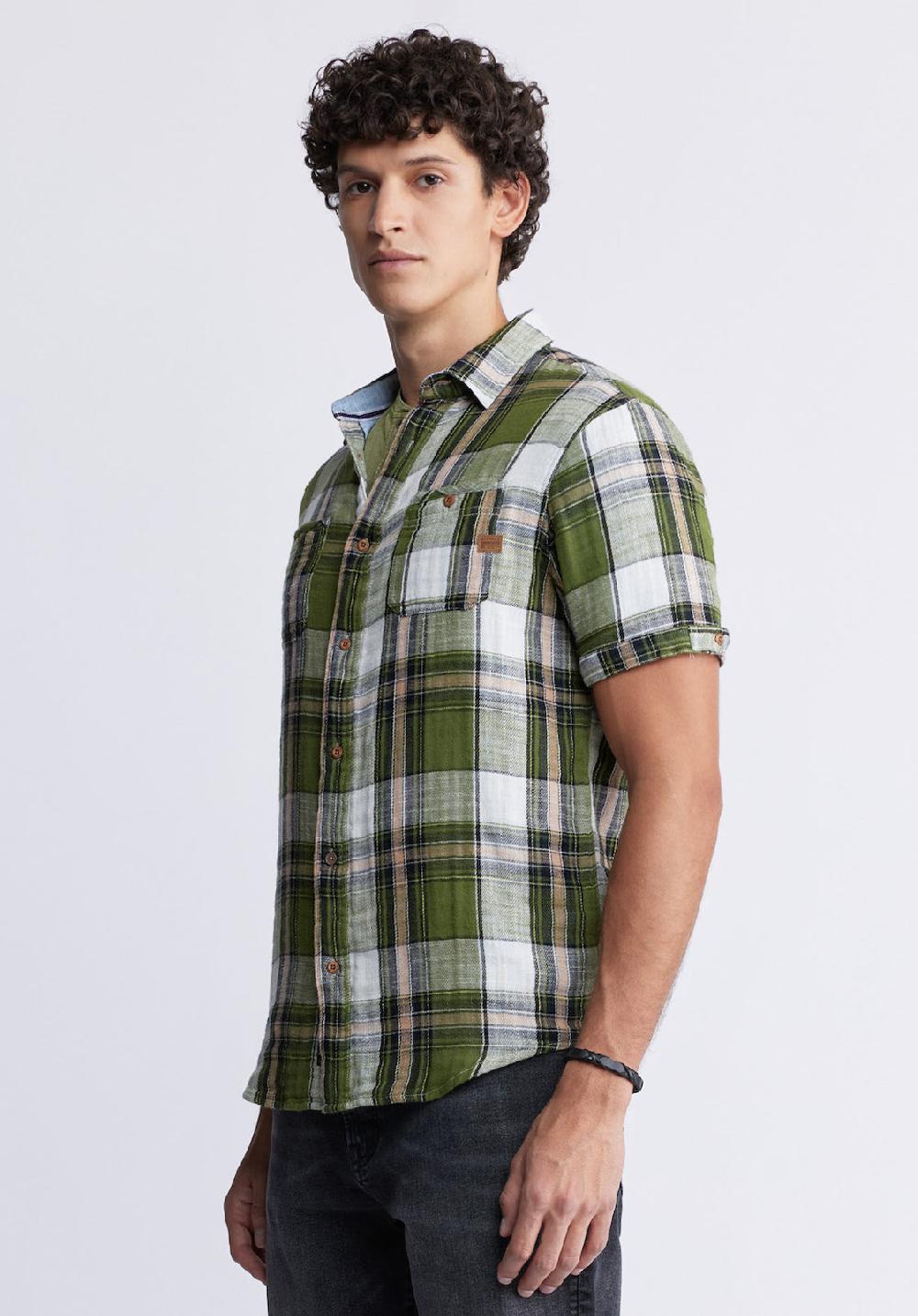 Buffalo David Bitton Sachino Men's Short Sleeve Plaid Shirt In Moss Green