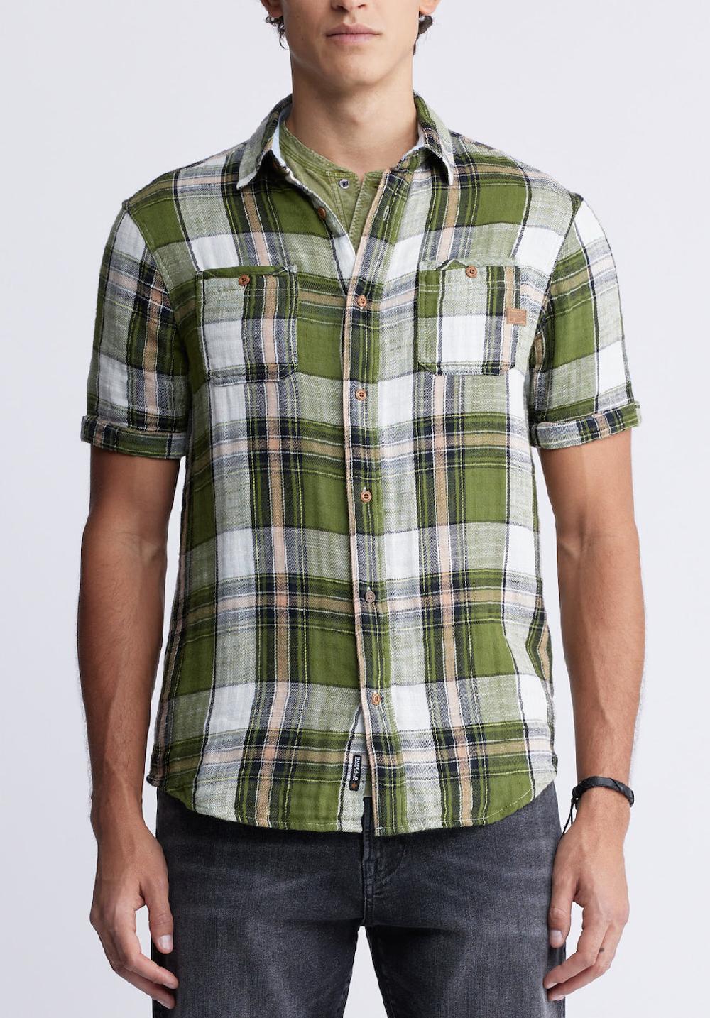 buffalo david bitton Sachino Men's Short Sleeve Plaid Shirt in Moss Green