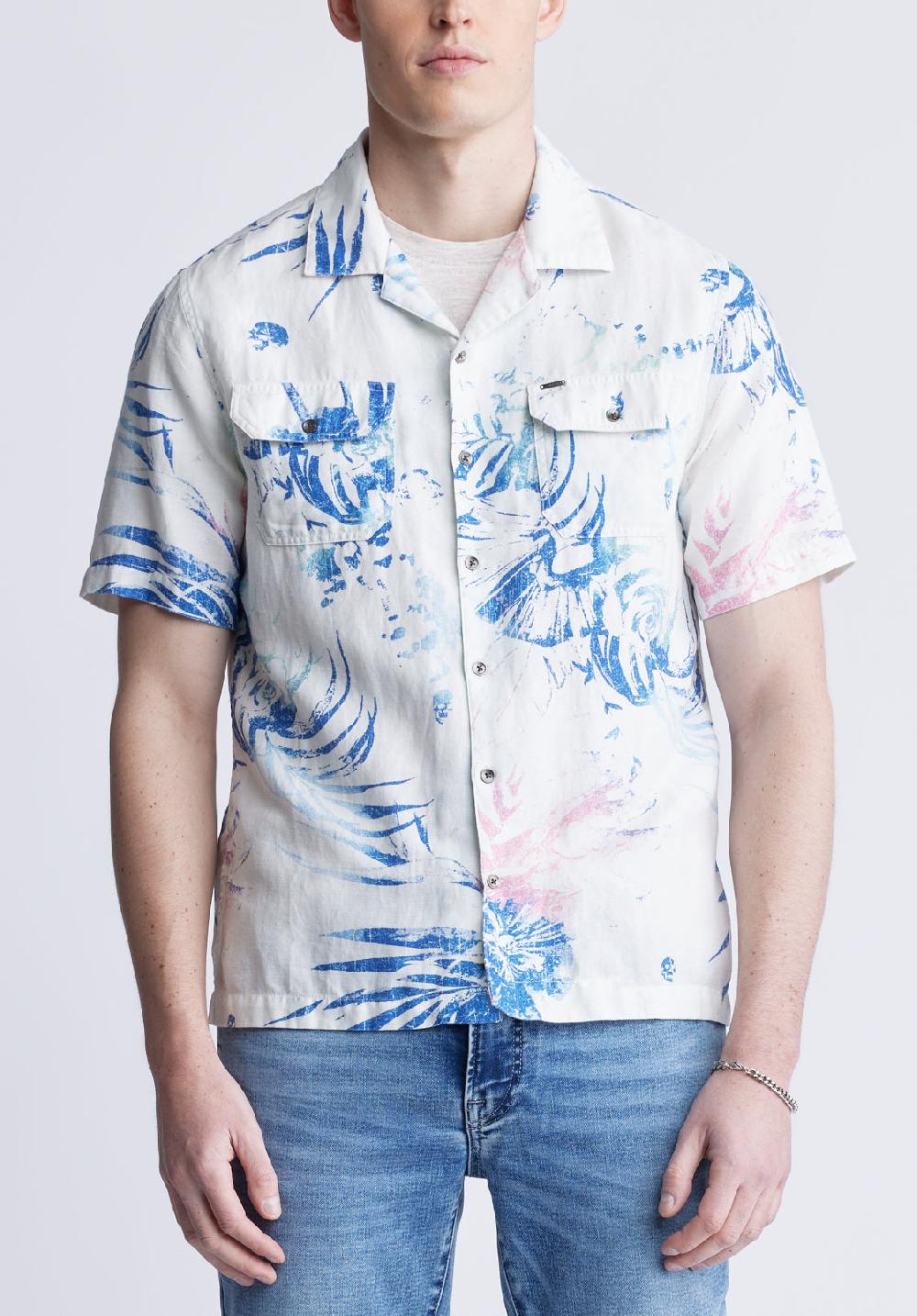 buffalo david bitton Salaman Men's Short Sleeve Shirt White with Blue Print