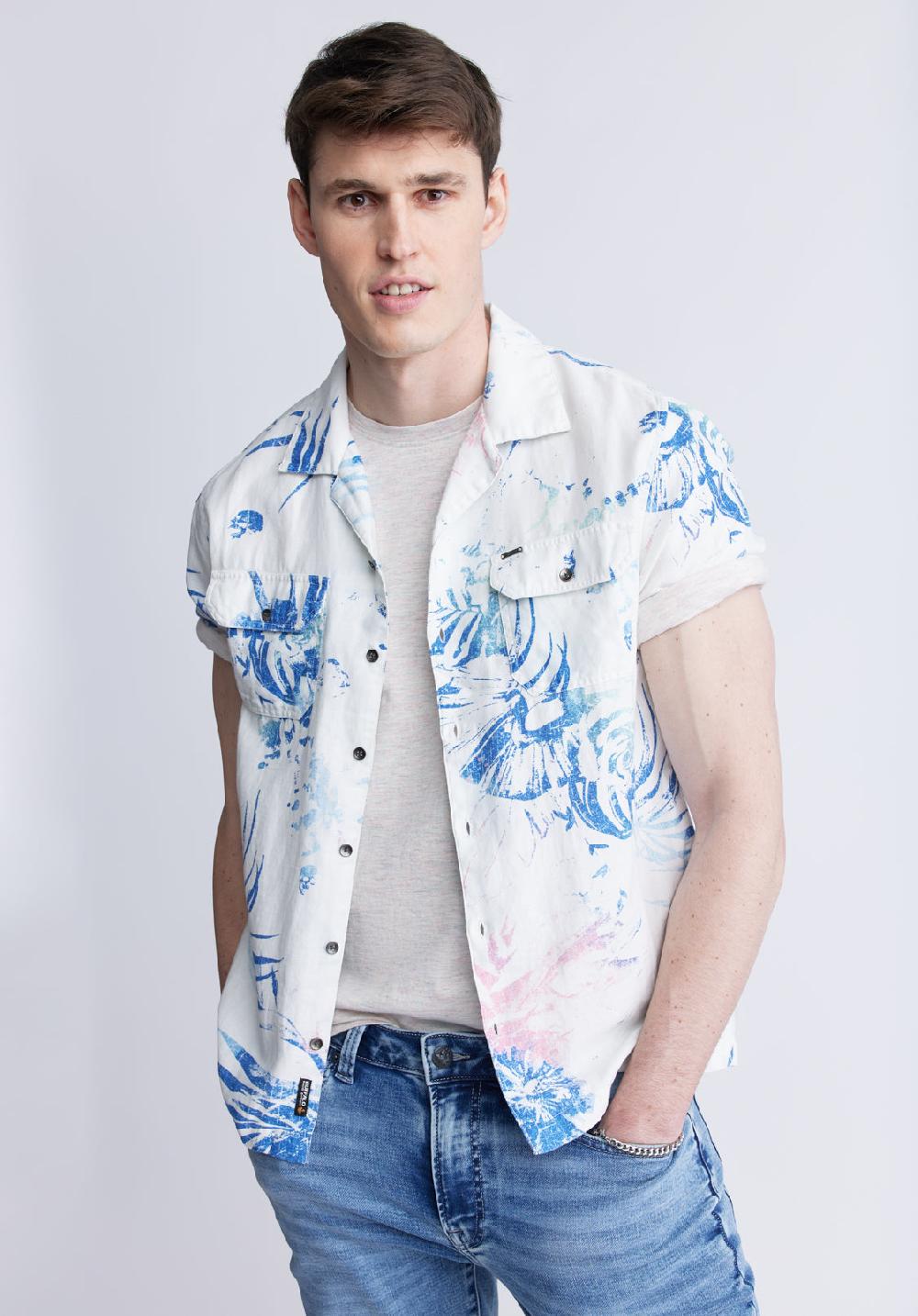 Buffalo David Bitton Salaman Men's Short Sleeve Shirt White With Blue Print