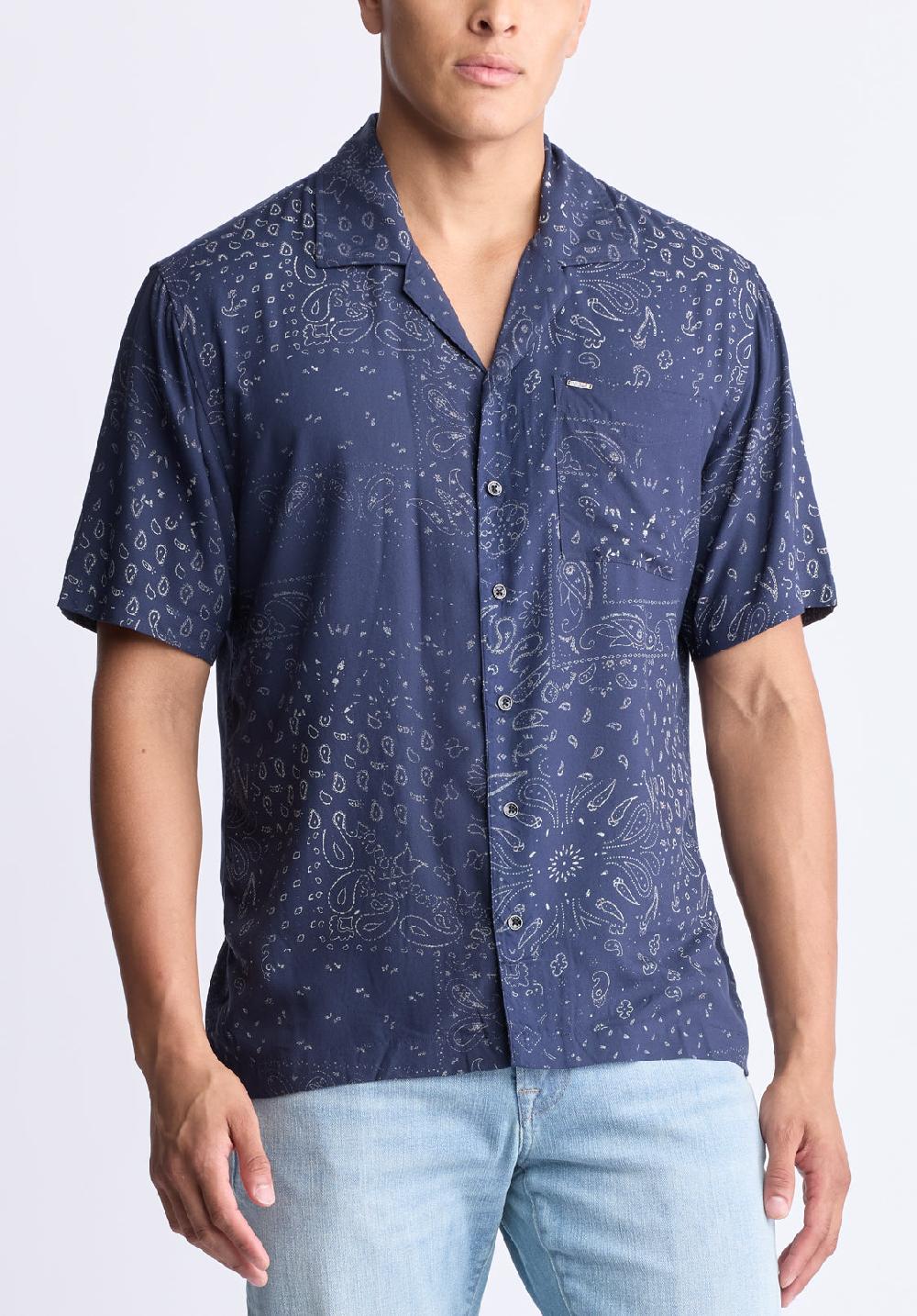buffalo david bitton Santi Men's Paisley Print Short-Sleeve Button-Up Shirt Midnight blue