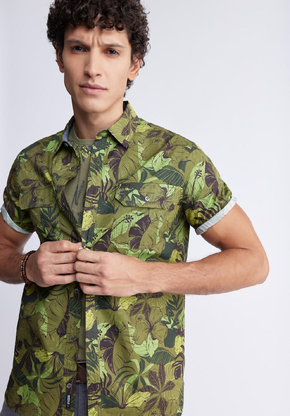 Buffalo David Bitton Sayool Men’s Woven Short Sleeve Shirt In Leaf Print Moss Green