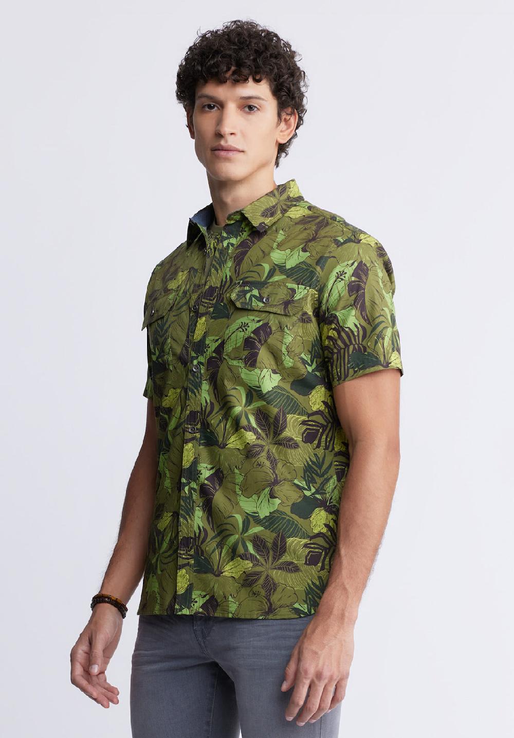 Buffalo David Bitton Sayool Men’s Woven Short Sleeve Shirt In Leaf Print Moss Green
