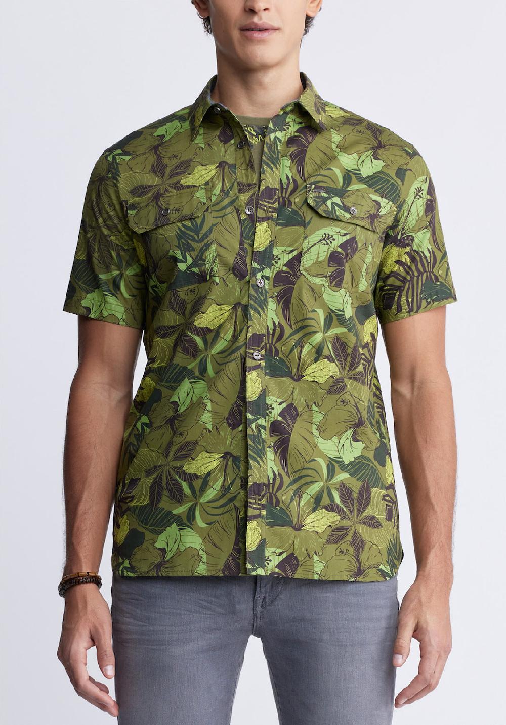 buffalo david bitton Sayool Men’s Woven Short Sleeve Shirt in Leaf Print Moss Green