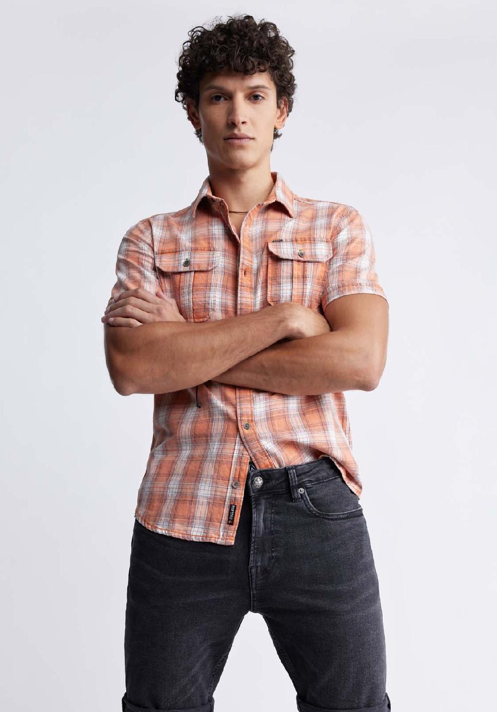 Buffalo David Bitton Sazid Men's Short Sleeve Plaid Shirt In Tangerine