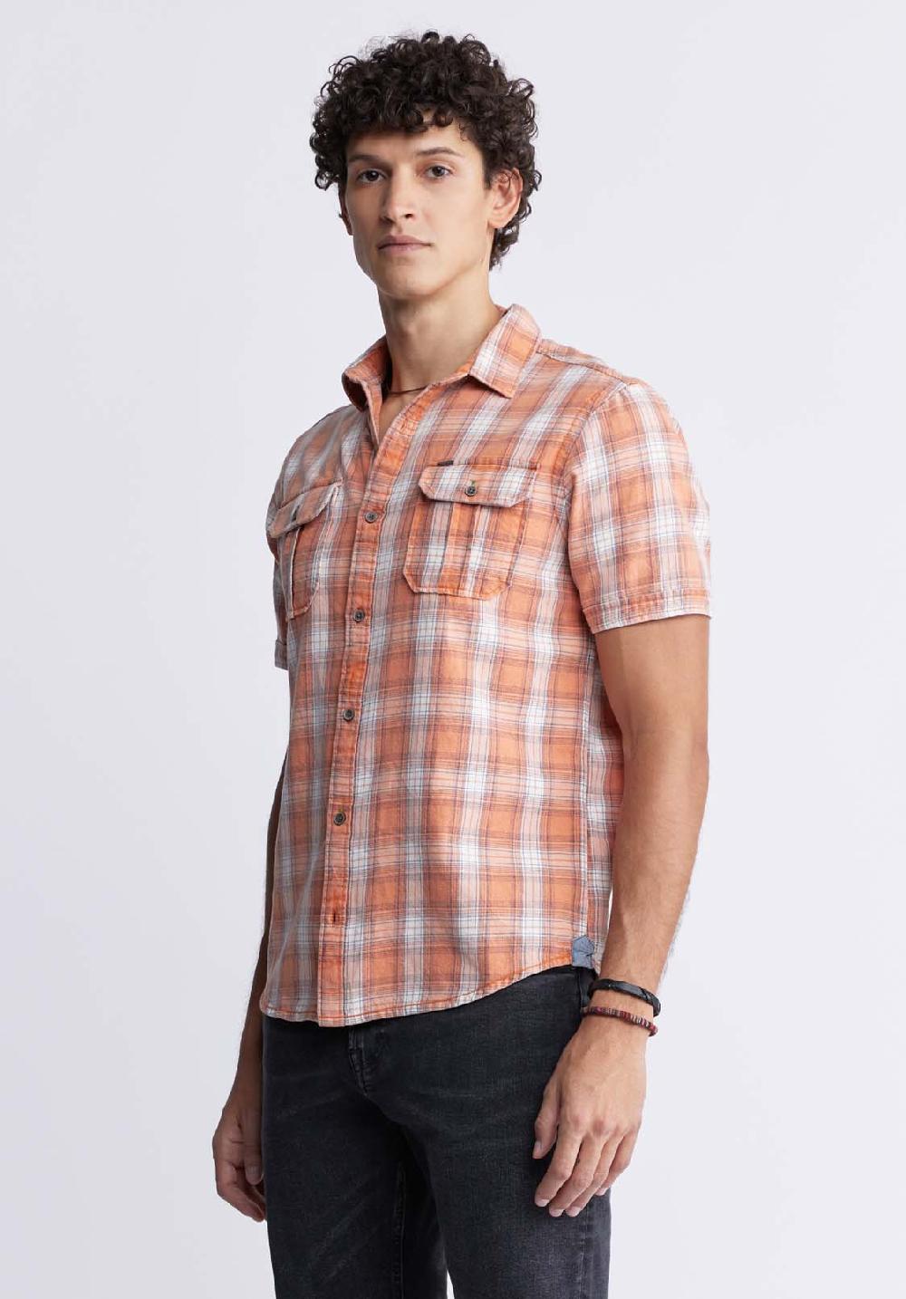 Buffalo David Bitton Sazid Men's Short Sleeve Plaid Shirt In Tangerine