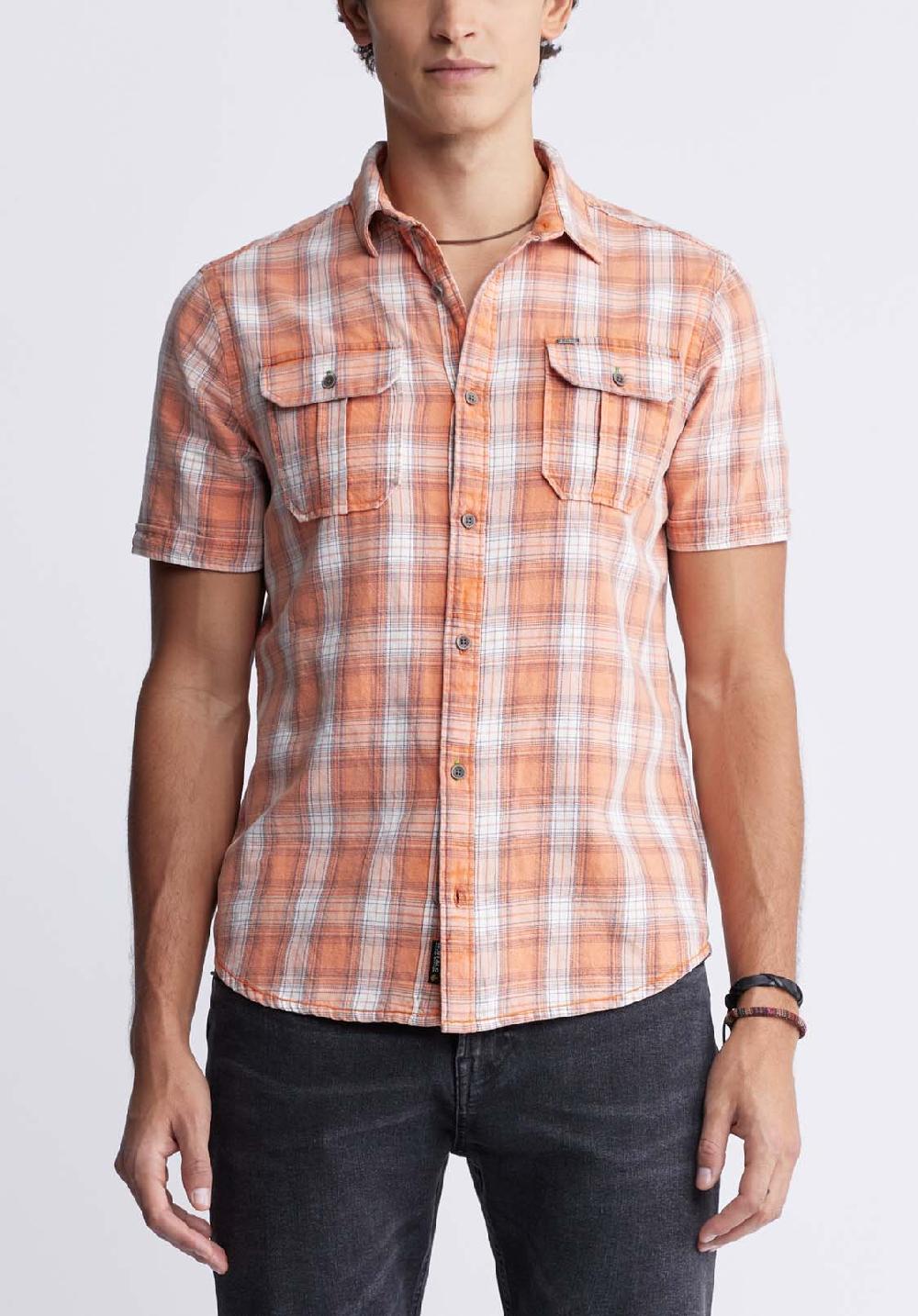 buffalo david bitton Sazid Men's Short Sleeve Plaid Shirt in Tangerine