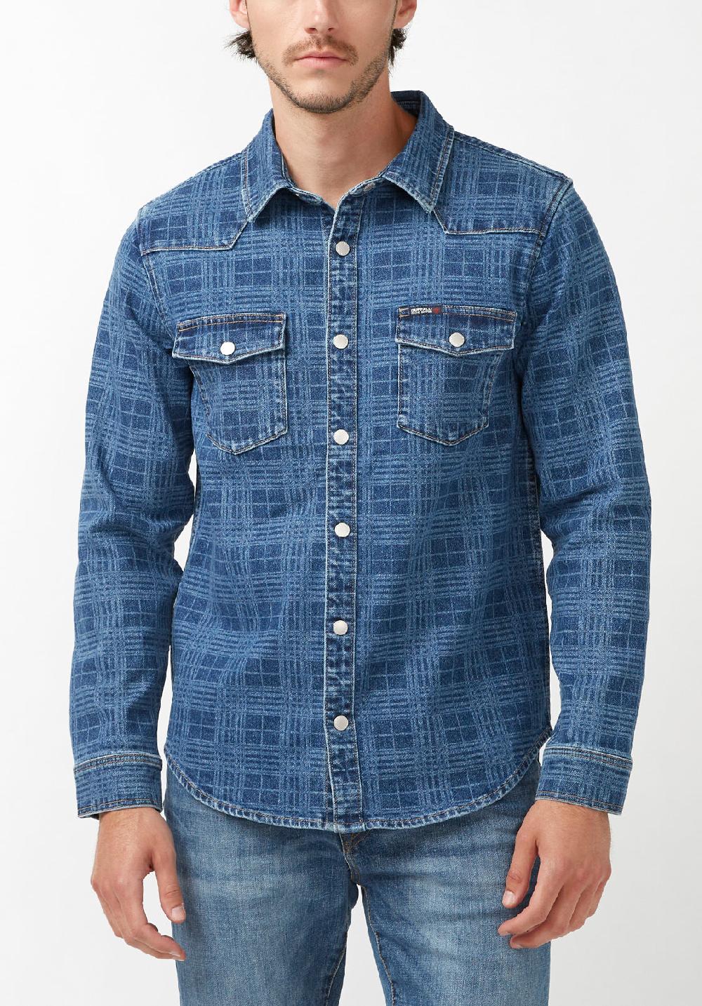 buffalo david bitton Shane Men's Long-Sleeve Denim Shirt in Indigo Plaid