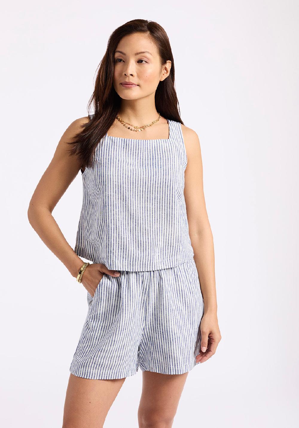 Buffalo David Bitton Short Rayé Taille Haute En Mélange De Lin Giustina Pour Femme Marine