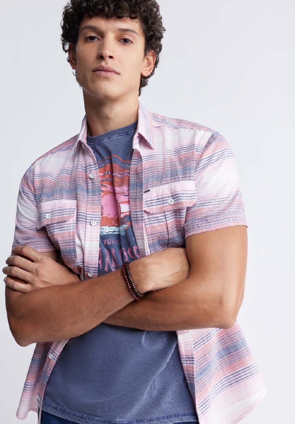 Buffalo David Bitton Siboa Men's Short Sleeve Striped Shirt In Mineral Red