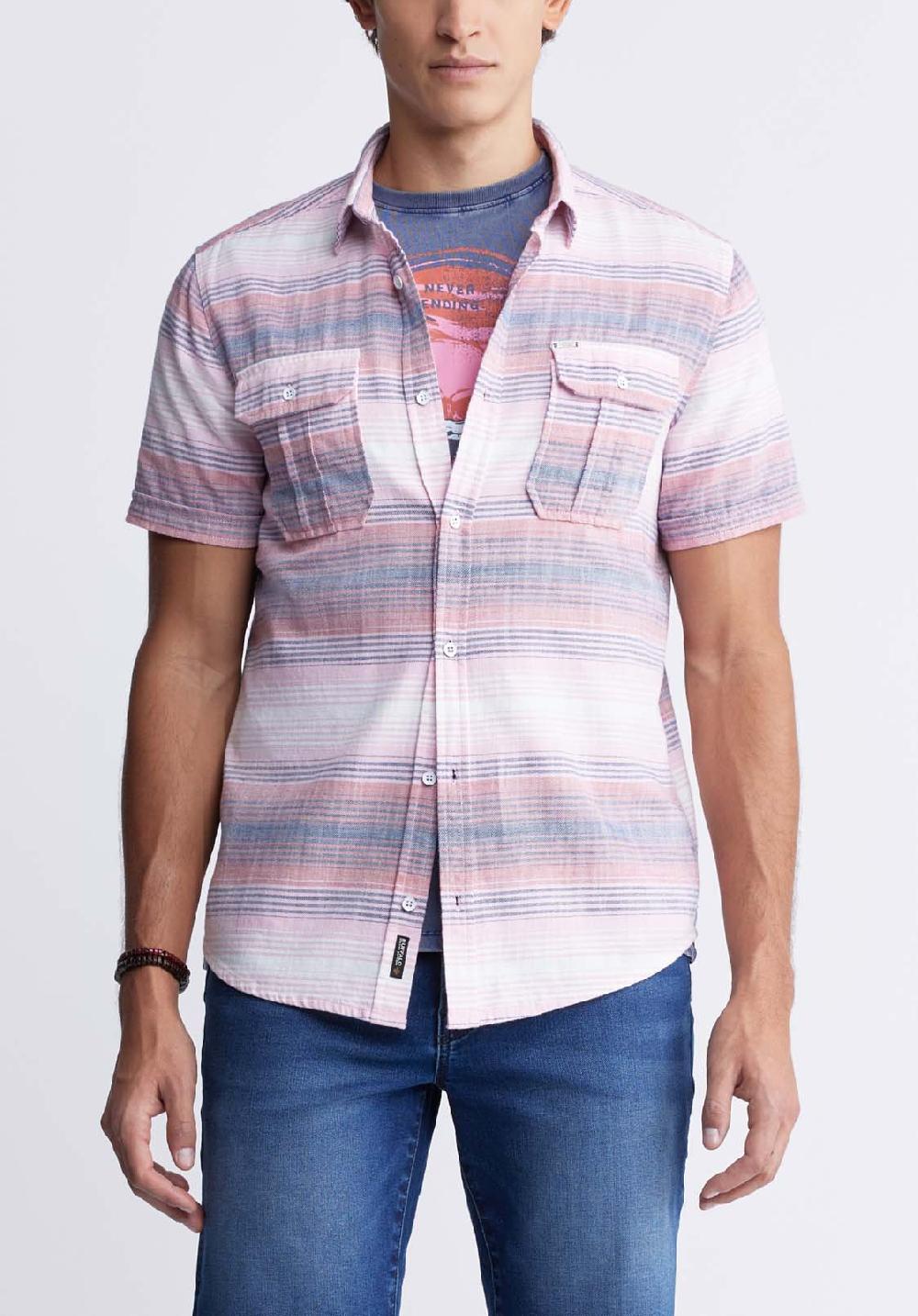 buffalo david bitton Siboa Men's Short Sleeve Striped Shirt in Mineral Red