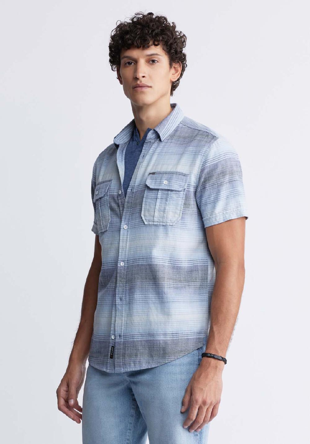 Buffalo David Bitton Siboa Men's Short Sleeve Striped Shirt In Mirage Blue