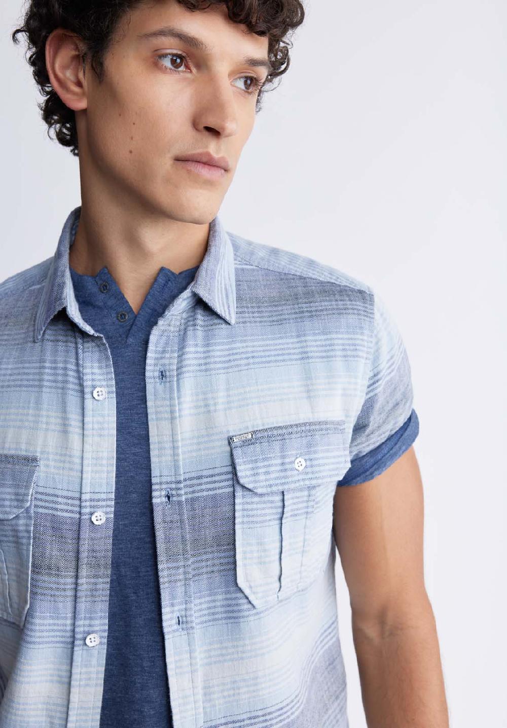 Buffalo David Bitton Siboa Men's Short Sleeve Striped Shirt In Mirage Blue