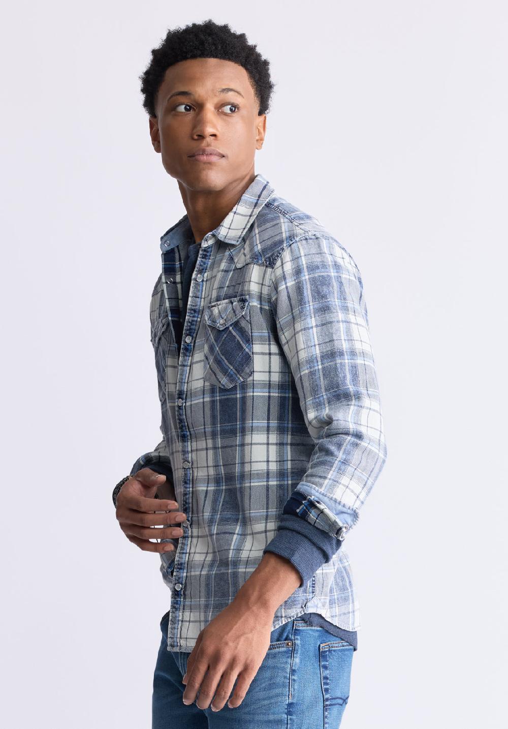 Buffalo David Bitton Sierra Men's Long-Sleeve Plaid Shirt White & Mirage Blue