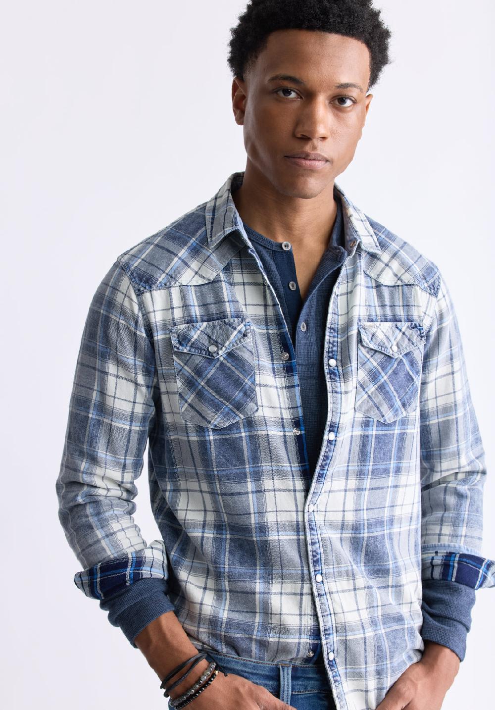 Buffalo David Bitton Sierra Men's Long-Sleeve Plaid Shirt White & Mirage Blue