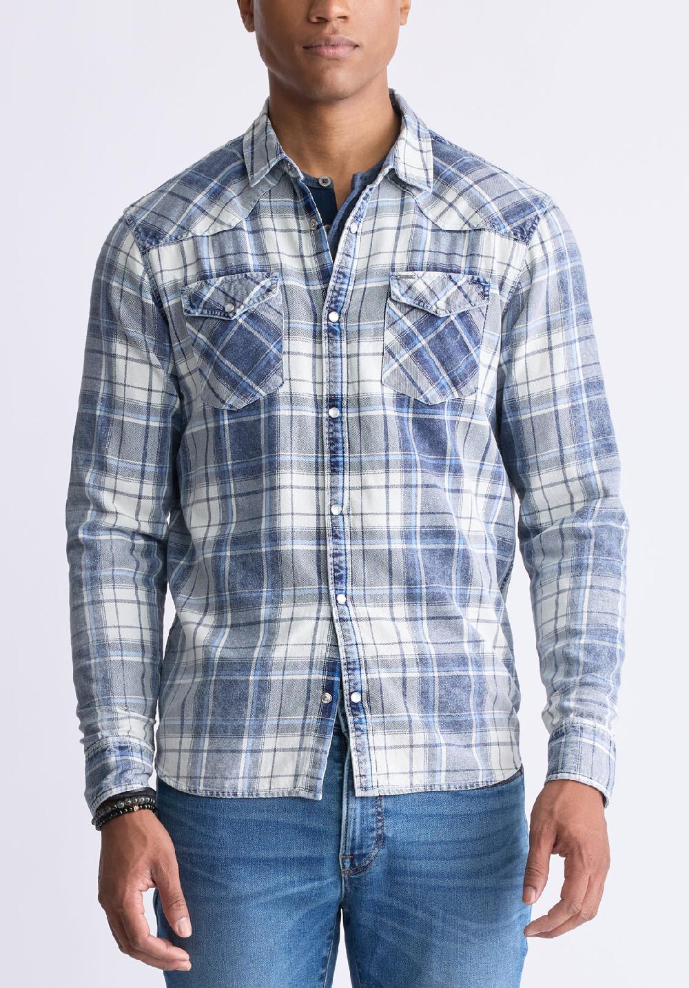 buffalo david bitton Sierra Men's Long-Sleeve Plaid Shirt White & Mirage Blue