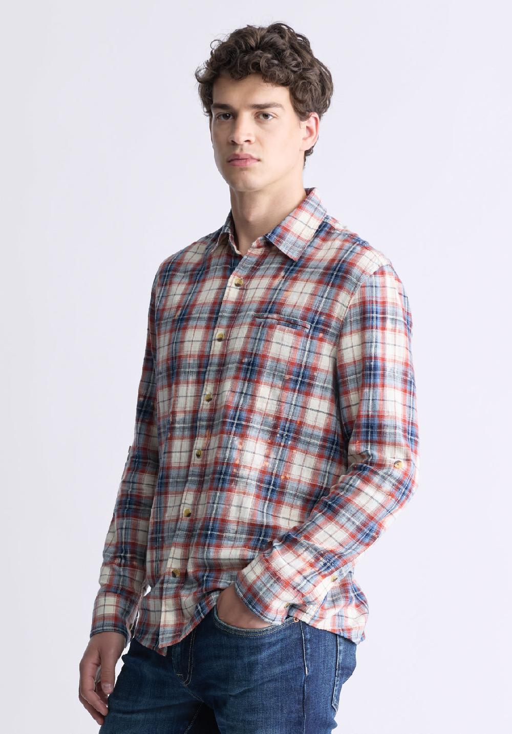 Buffalo David Bitton Simbio Men's Long-Sleeve Plaid Shirt Beige Blue & Red