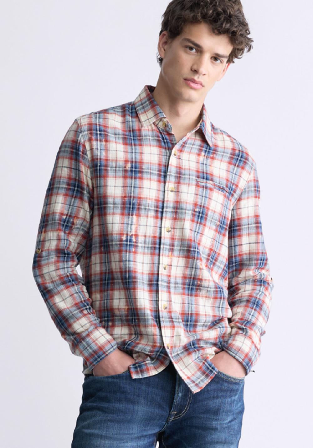 Buffalo David Bitton Simbio Men's Long-Sleeve Plaid Shirt Beige Blue & Red