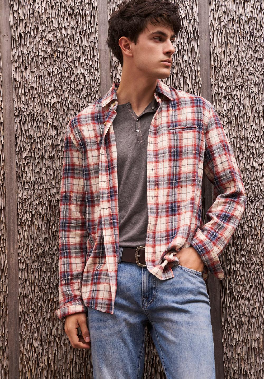 Buffalo David Bitton Simbio Men's Long-Sleeve Plaid Shirt Beige Blue & Red