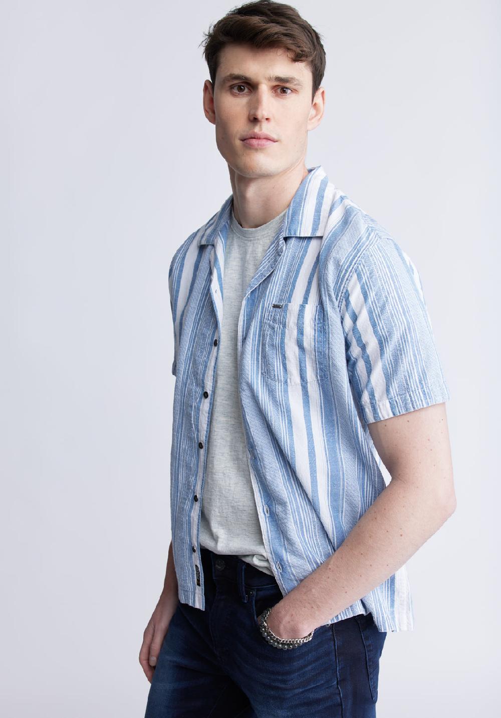 Buffalo David Bitton Sinap Men's Short Sleeve Striped Shirt Blue And White