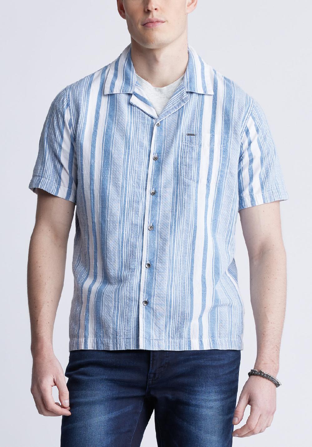 buffalo david bitton Sinap Men's Short Sleeve Striped Shirt Blue and White
