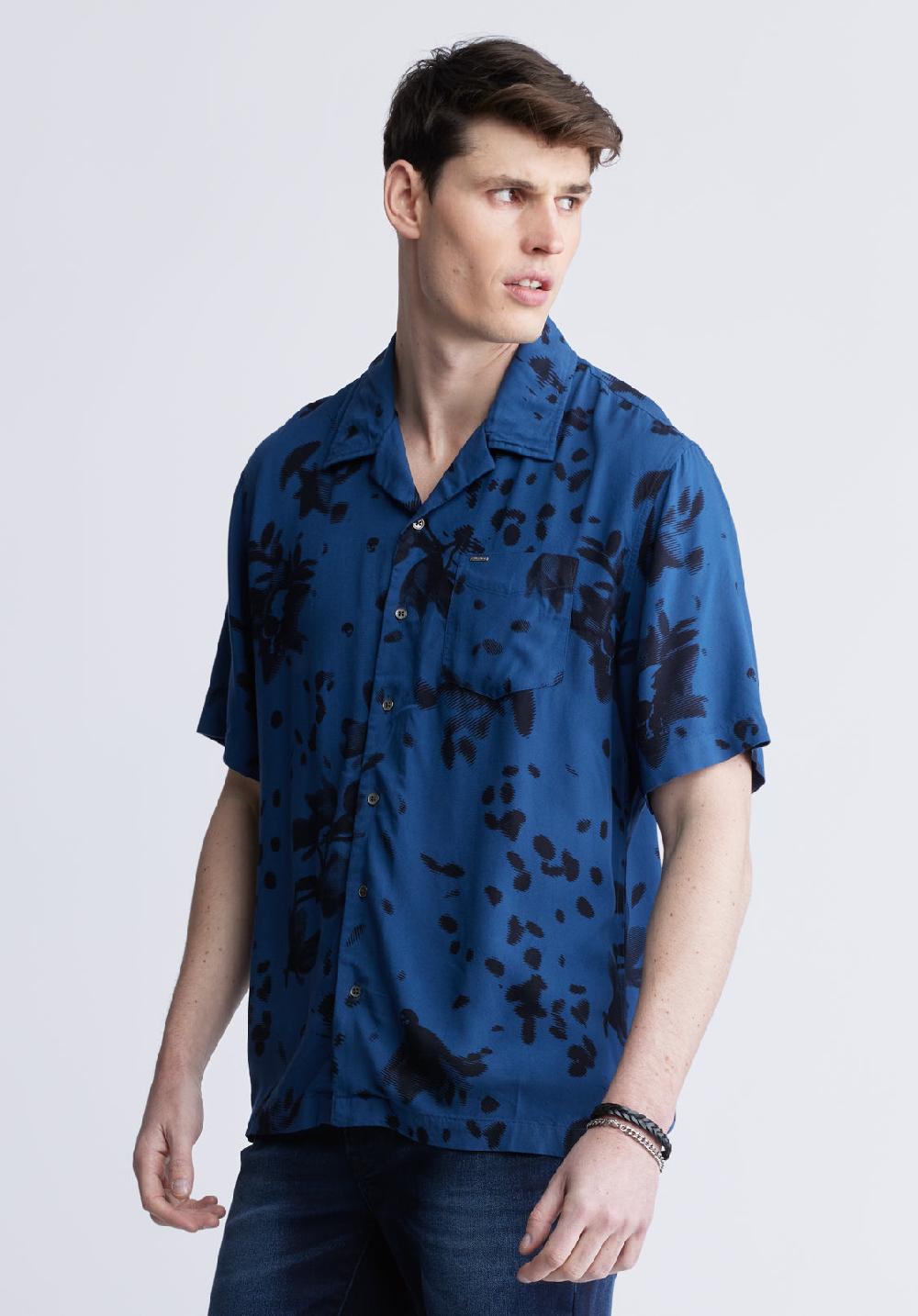 Buffalo David Bitton Sinzo Men's Short Sleeve Shirt Blue With Black Print
