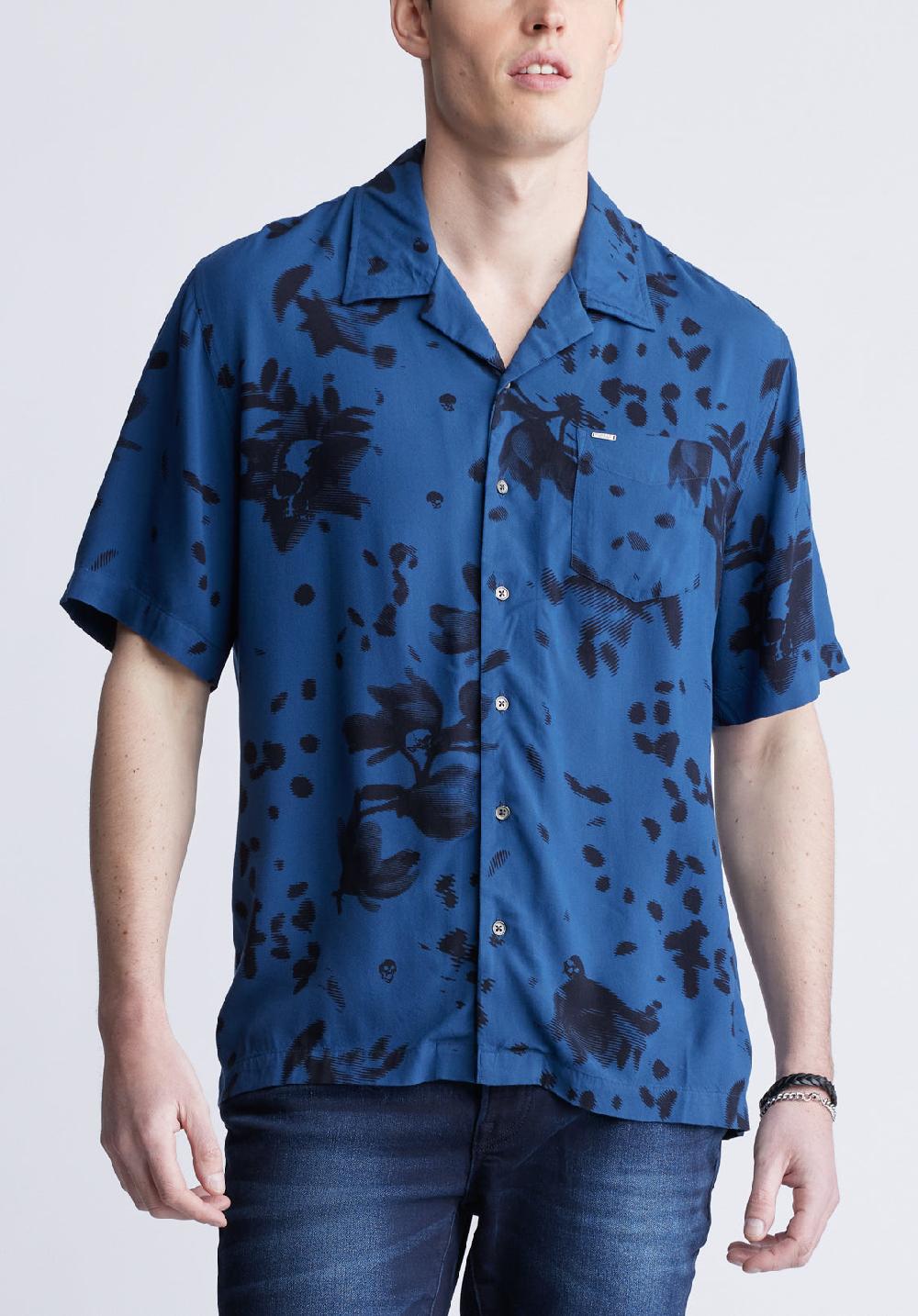 buffalo david bitton Sinzo Men's Short Sleeve Shirt Blue with Black Print