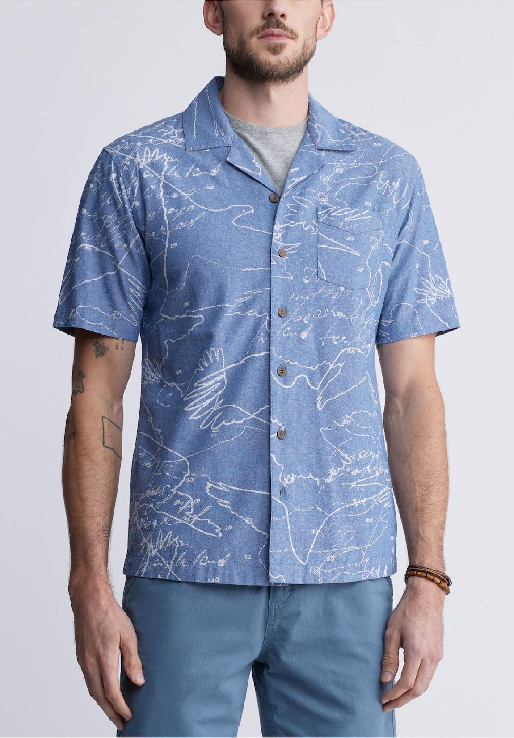 buffalo david bitton Sirvan Men's Short Sleeve Cuban Shirt in Indigo Blue