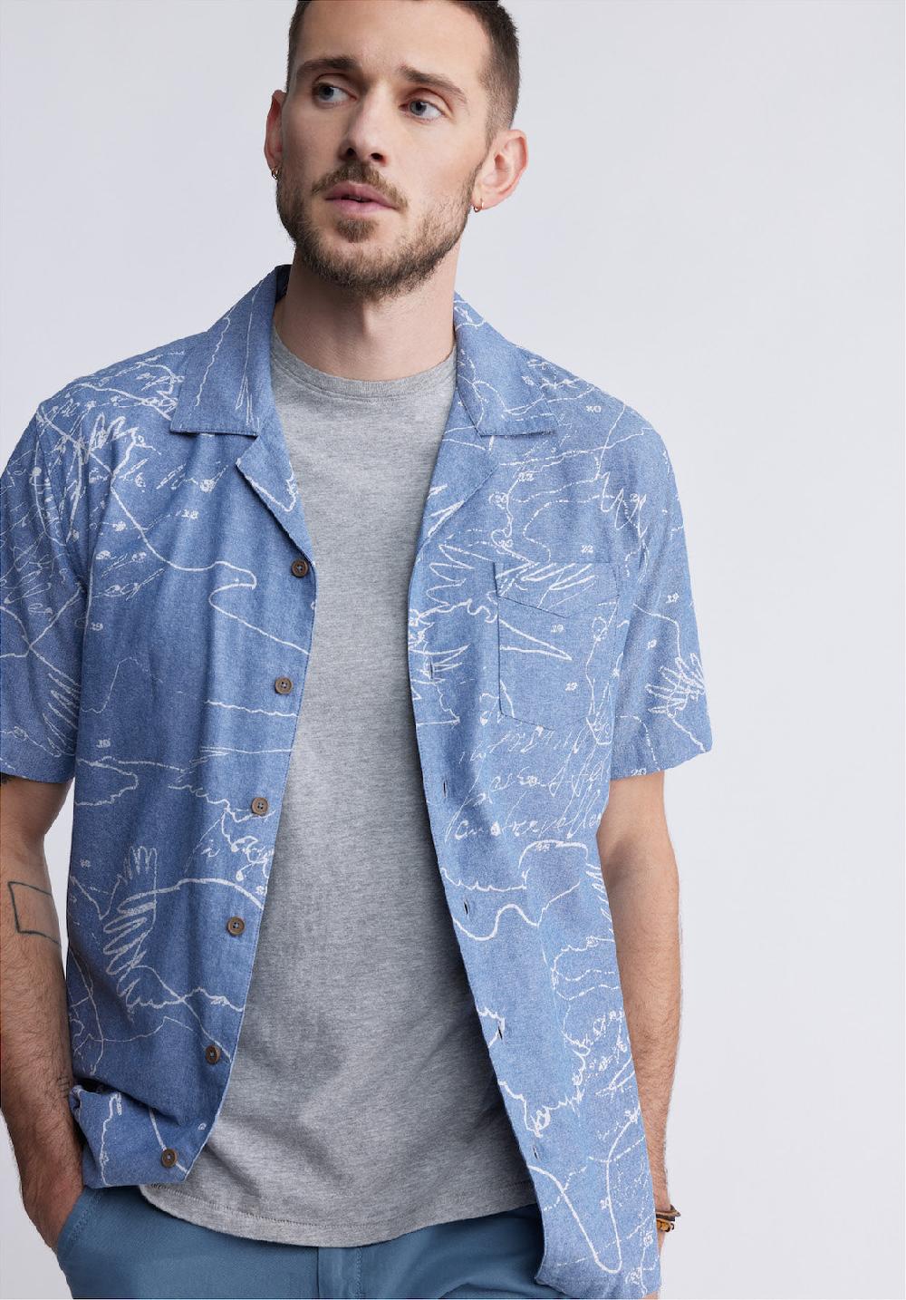 Buffalo David Bitton Sirvan Men's Short Sleeve Cuban Shirt In Indigo Blue