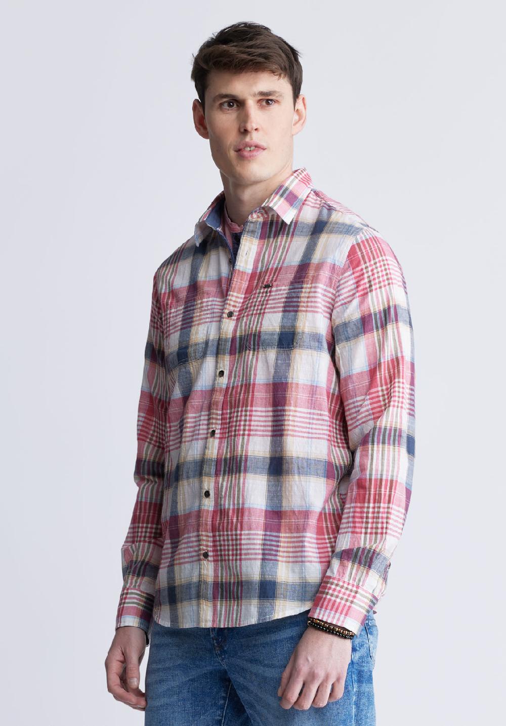 Buffalo David Bitton Sizar Men's Long Sleeve Plaid Shirt White With Pink And Blue