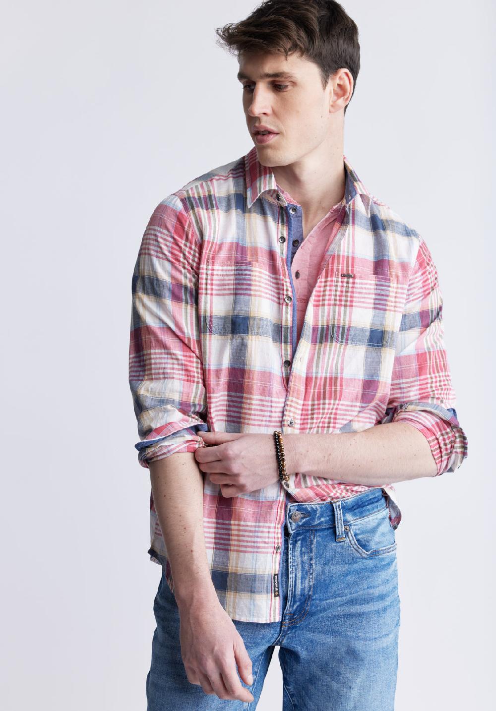 Buffalo David Bitton Sizar Men's Long Sleeve Plaid Shirt White With Pink And Blue