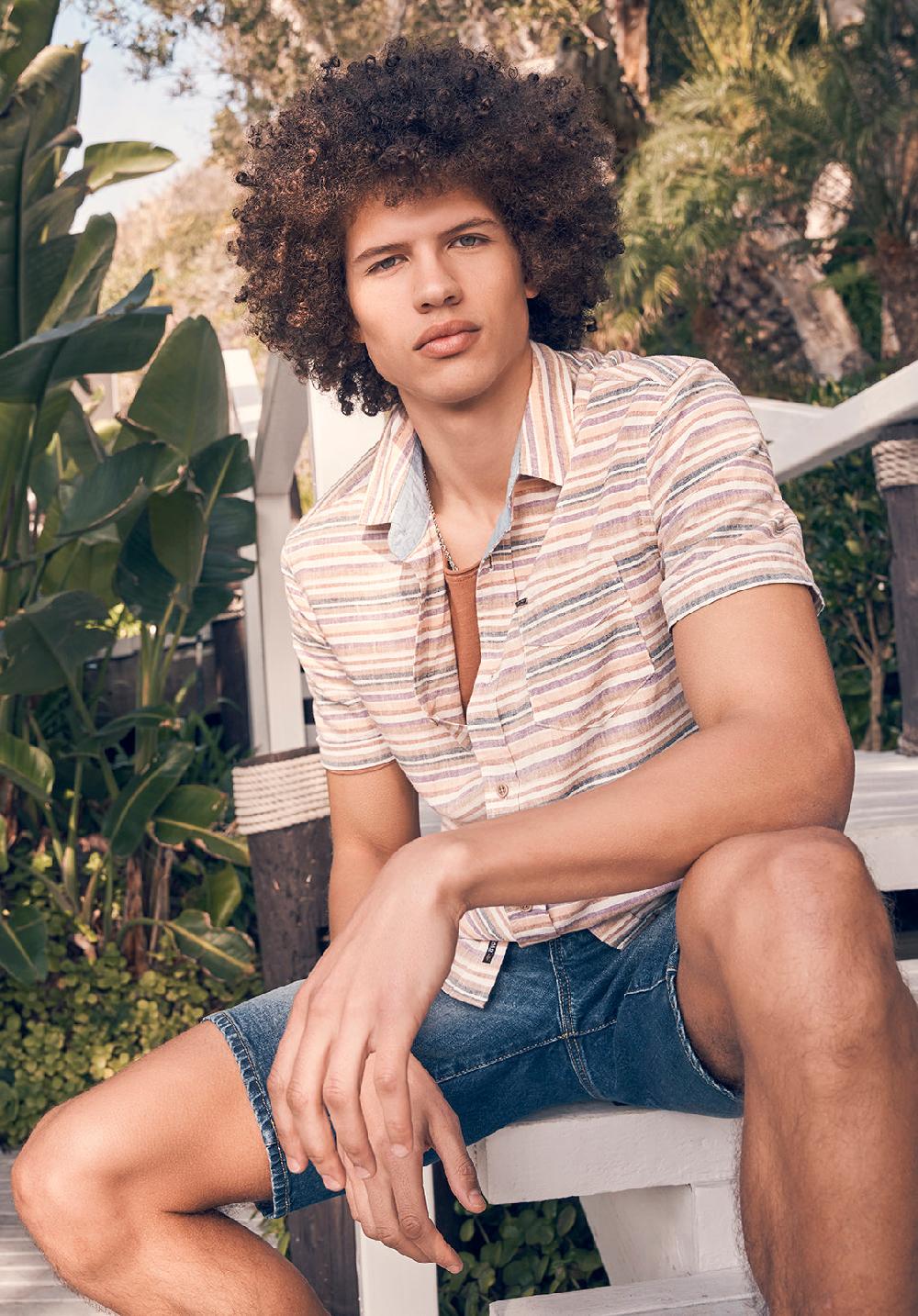 Buffalo David Bitton Sotaro Men's Short Sleeve Striped Shirt In Peach Sunset