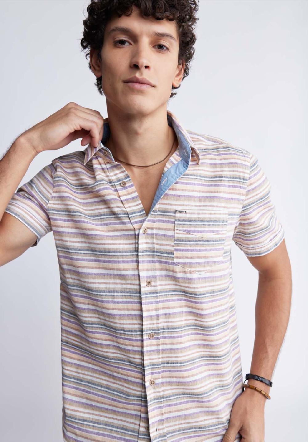 Buffalo David Bitton Sotaro Men's Short Sleeve Striped Shirt In Peach Sunset
