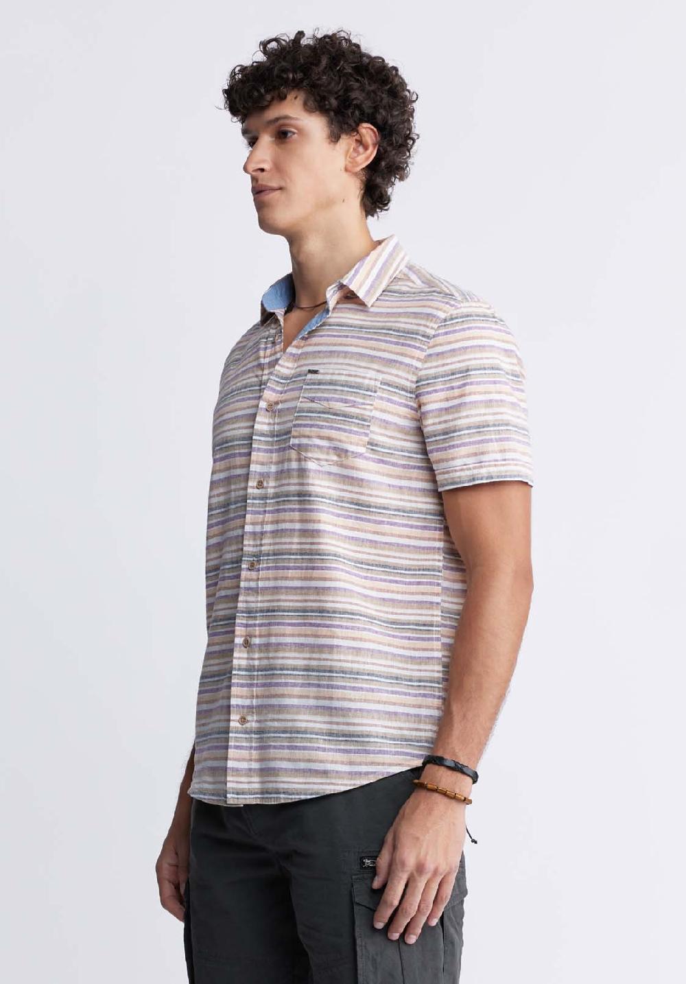 Buffalo David Bitton Sotaro Men's Short Sleeve Striped Shirt In Peach Sunset