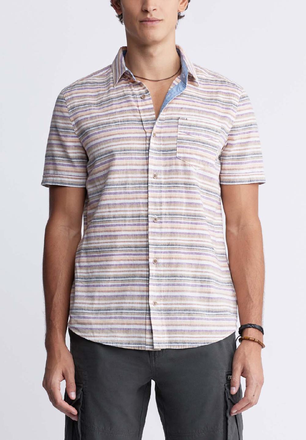 buffalo david bitton Sotaro Men's Short Sleeve Striped Shirt in Peach Sunset