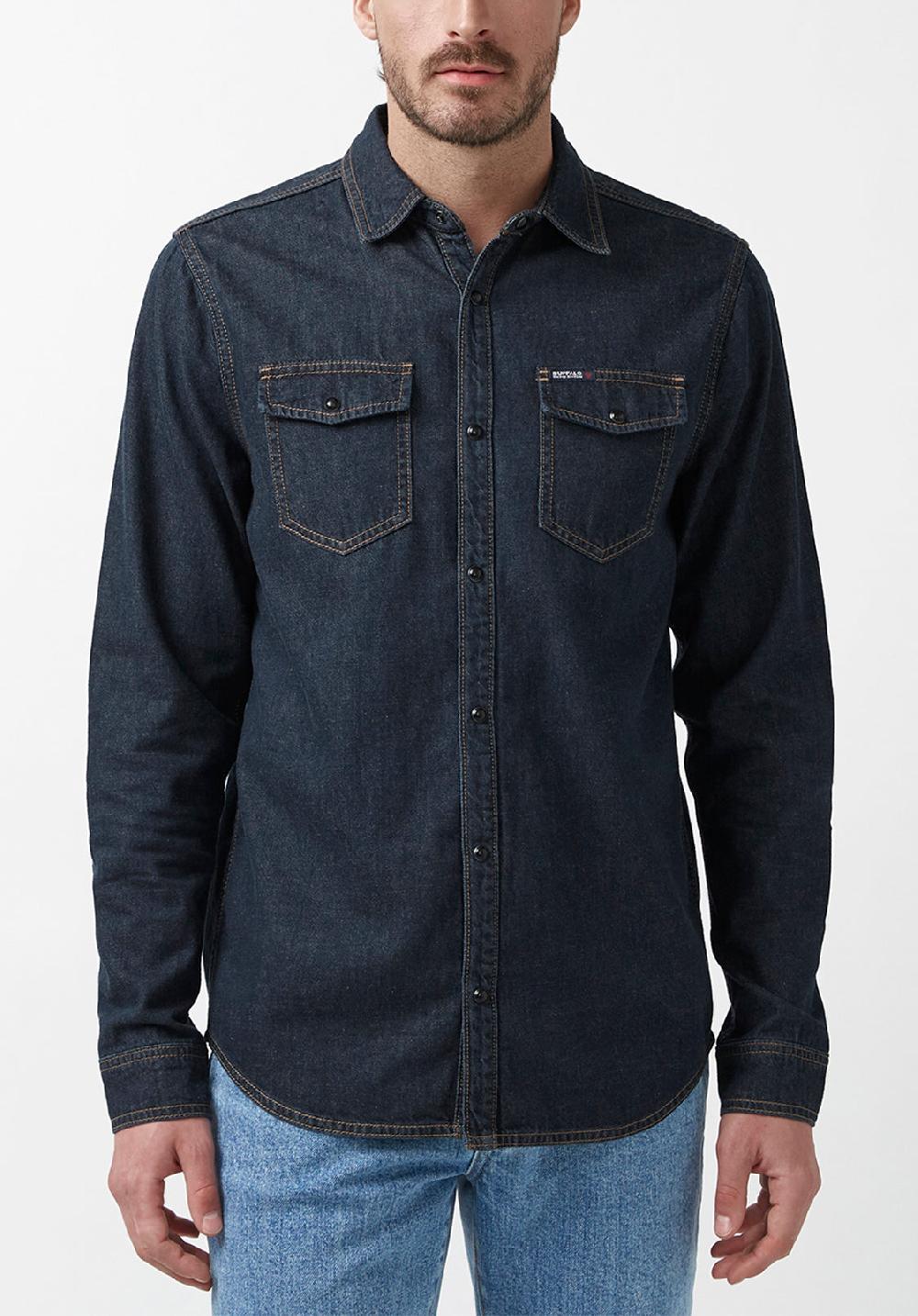 buffalo david bitton Stanley Men’s Long-Sleeve Denim Shirt in Indigo