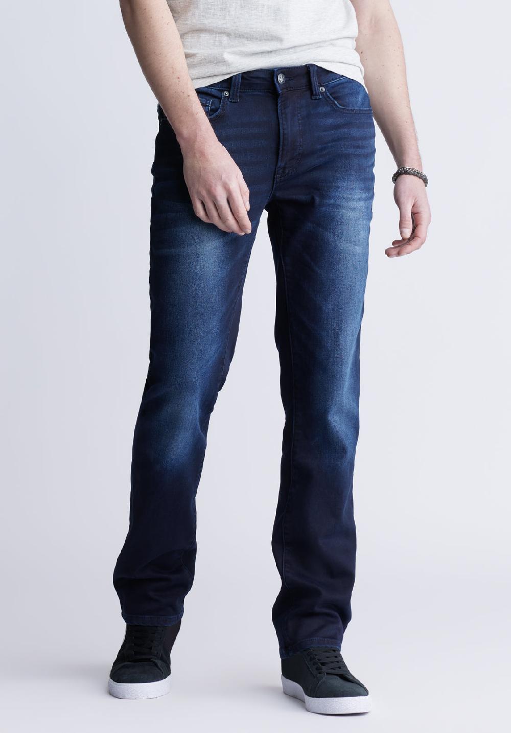 buffalo david bitton Straight Six Men's Five-Pocket Freedom Flex Jeans Dark and Sanded