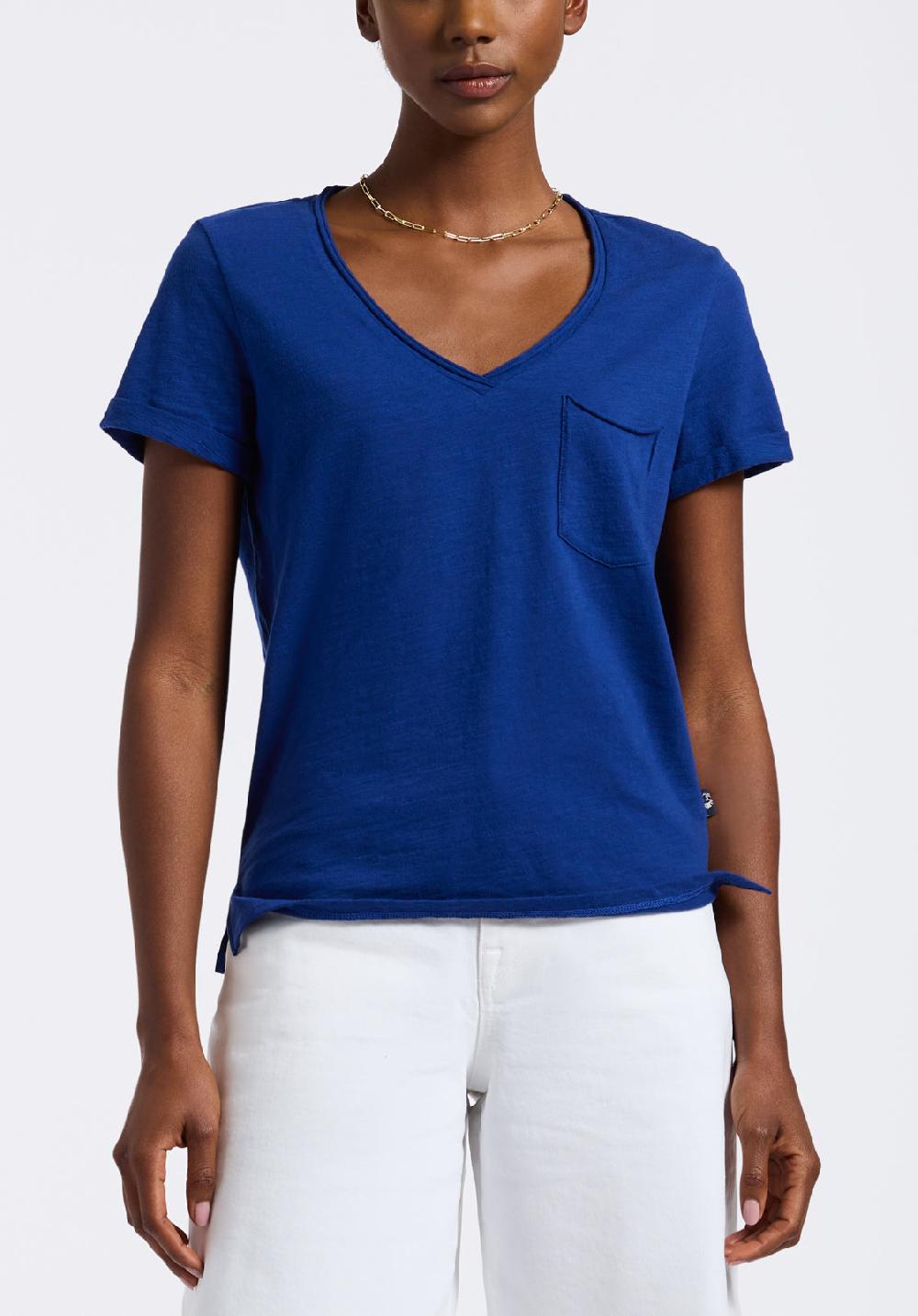 buffalo david bitton T-shirt en maille slub à col en V pour femme Moxie bleu