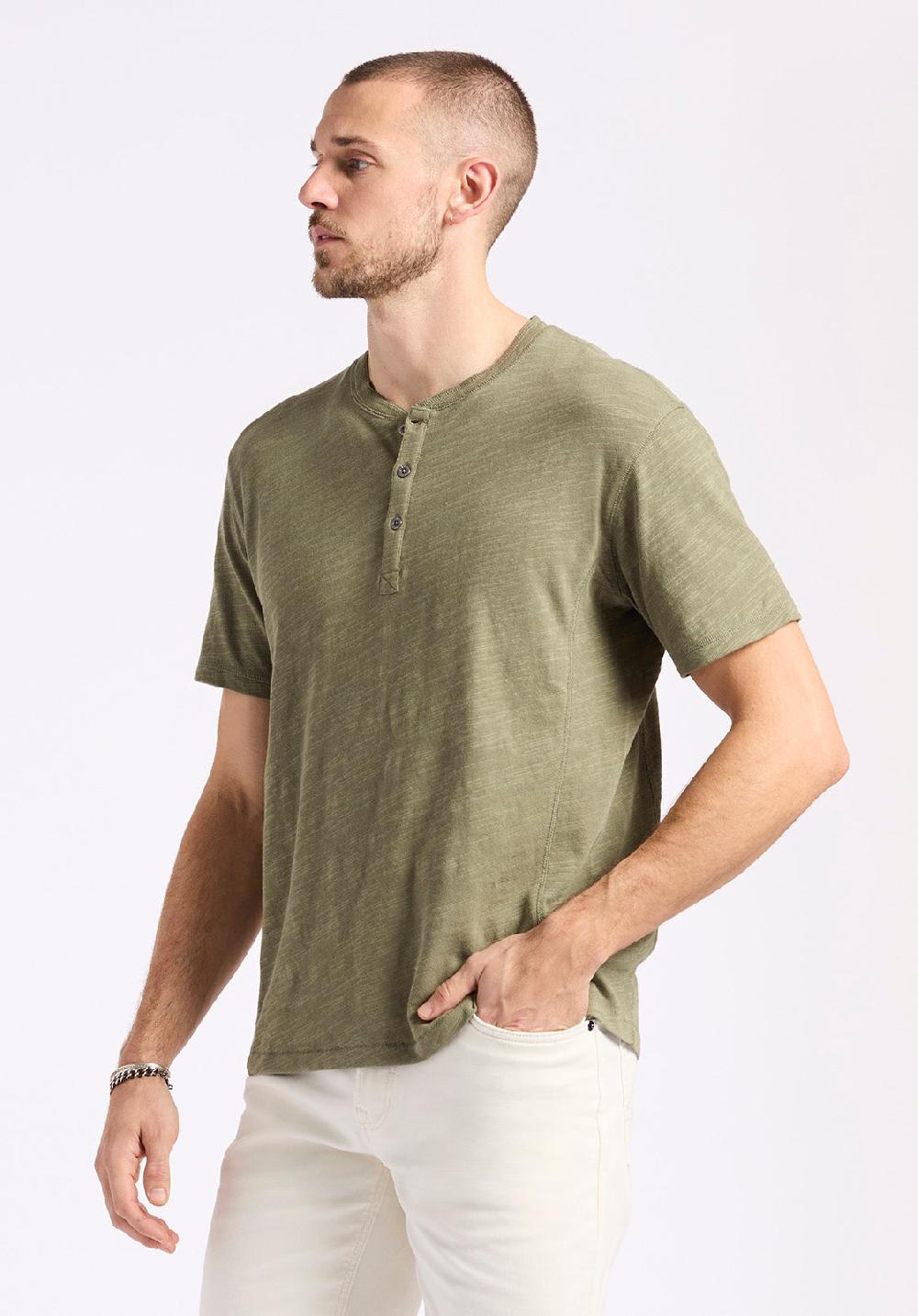 Buffalo David Bitton T-shirt Henley En Jersey Flammé Coupe Décontractée à Manches Courtes Pour Homme Kandido Vert Armée