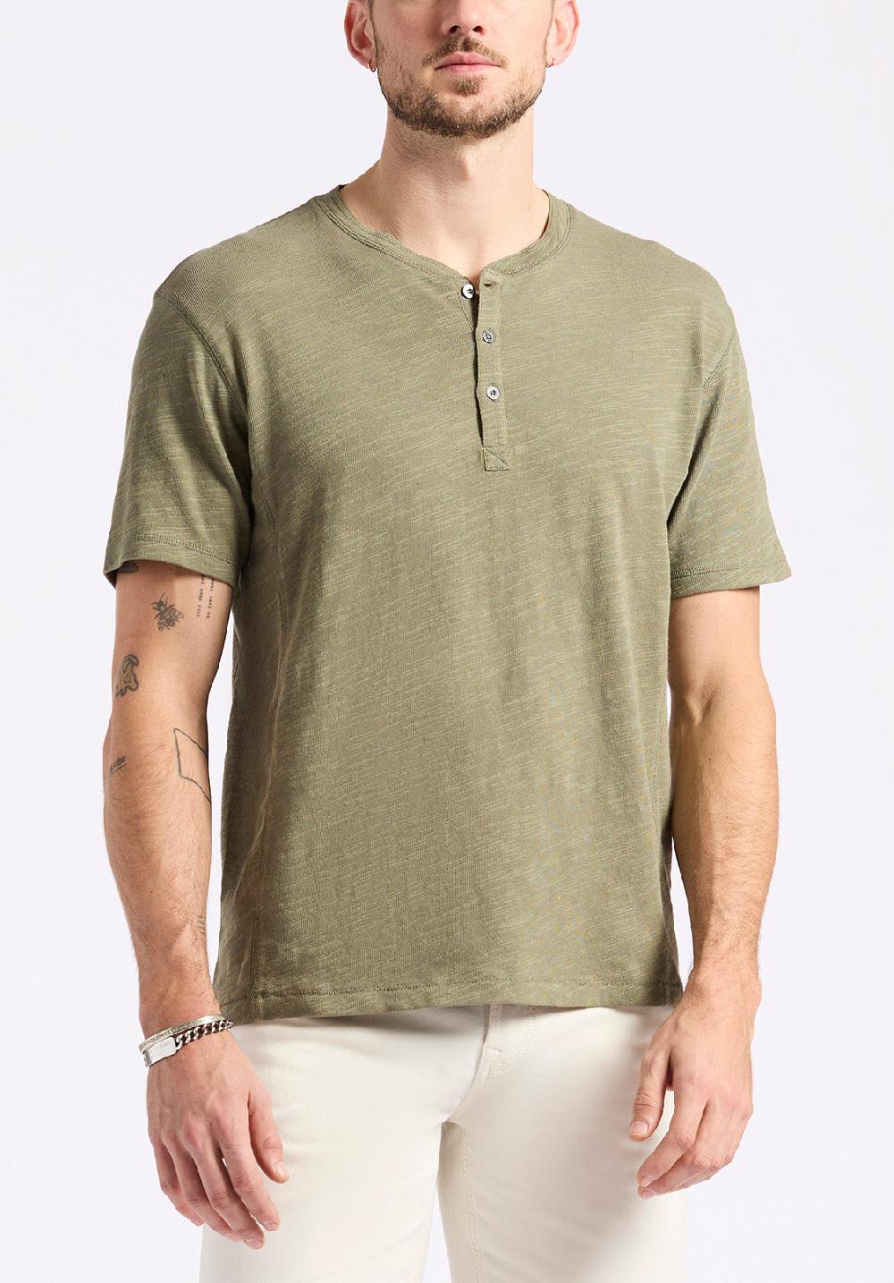 buffalo david bitton T-shirt Henley en jersey flammé coupe décontractée à manches courtes pour homme Kandido Vert armée