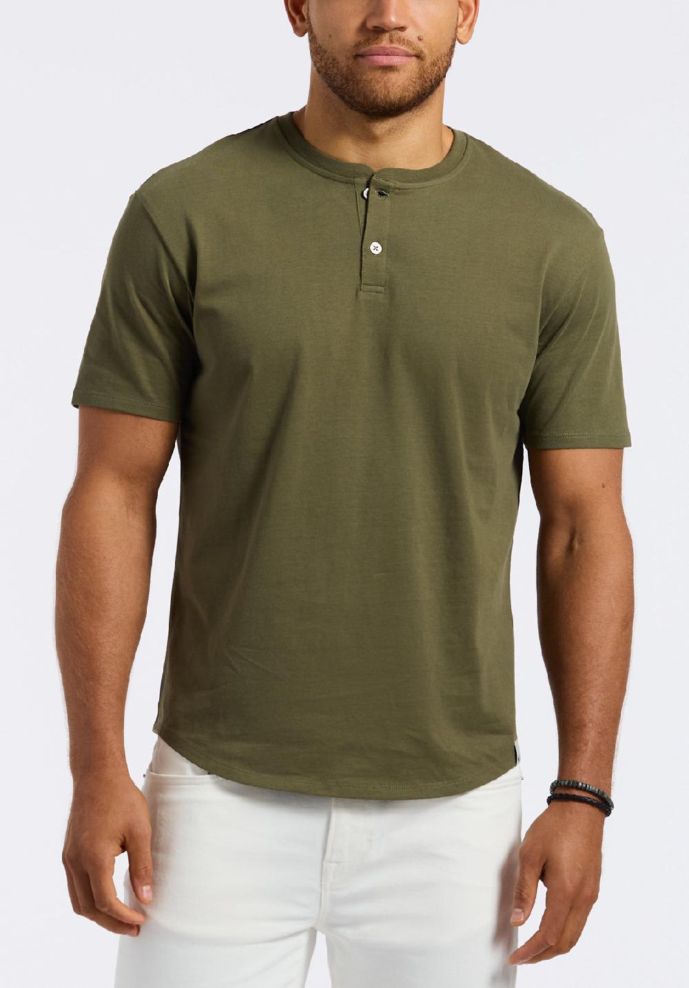 buffalo david bitton T-shirt Henley en jersey simple à manches courtes pour homme Kamel Vert fougère