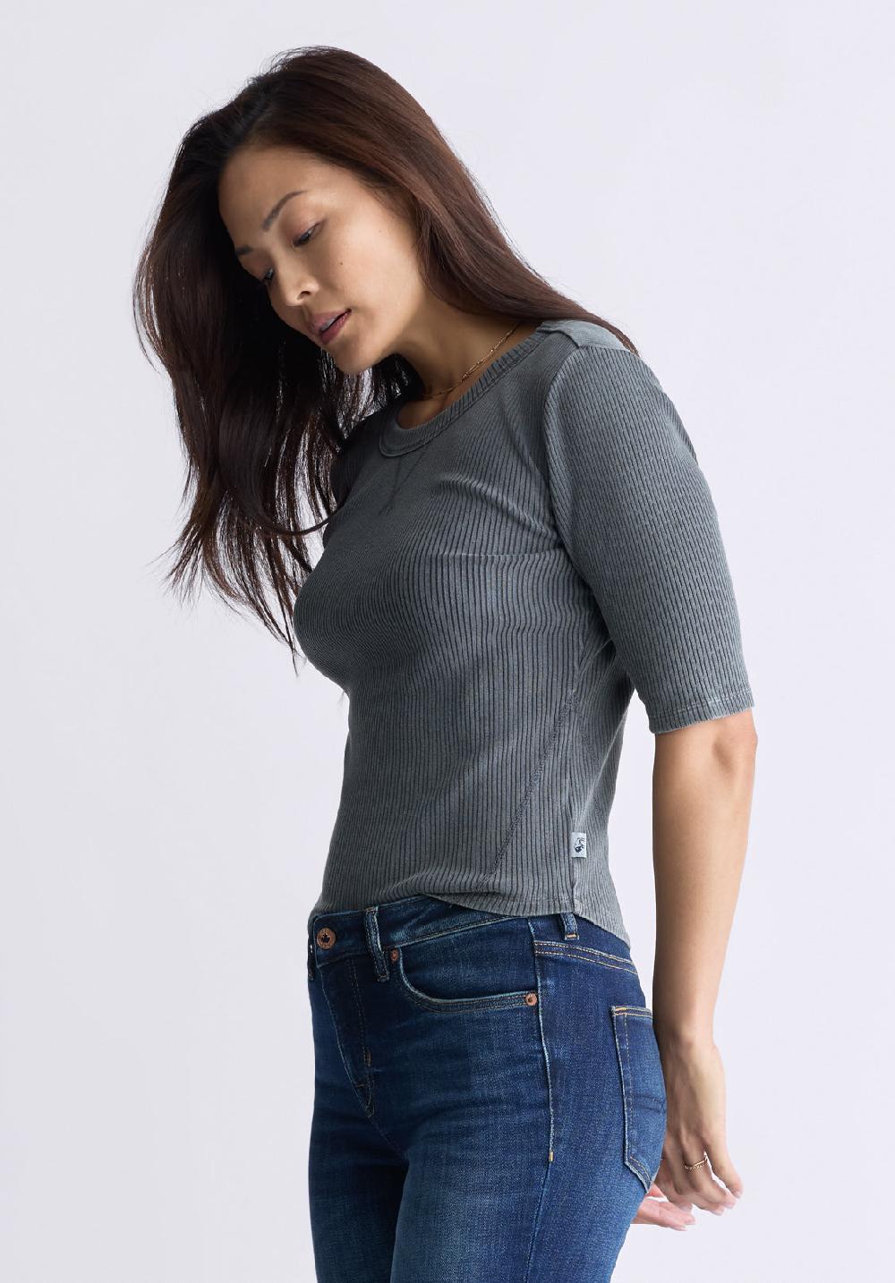 Buffalo David Bitton Tabbey Women's Elbow-Length Sleeve Ribbed Top Raven Grey