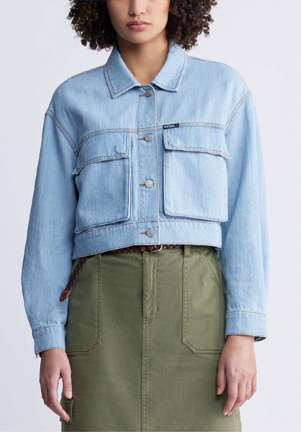 buffalo david bitton Teagan Women's Boxy Denim Jacket in Bleached Blue