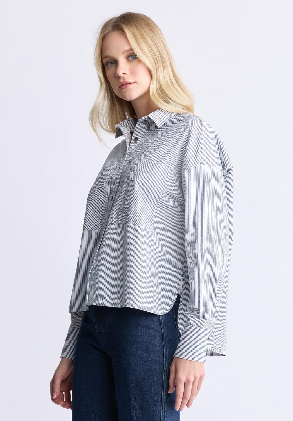 Buffalo David Bitton Twyla Women's Boxy Striped Button-Up Shirt Whale & White